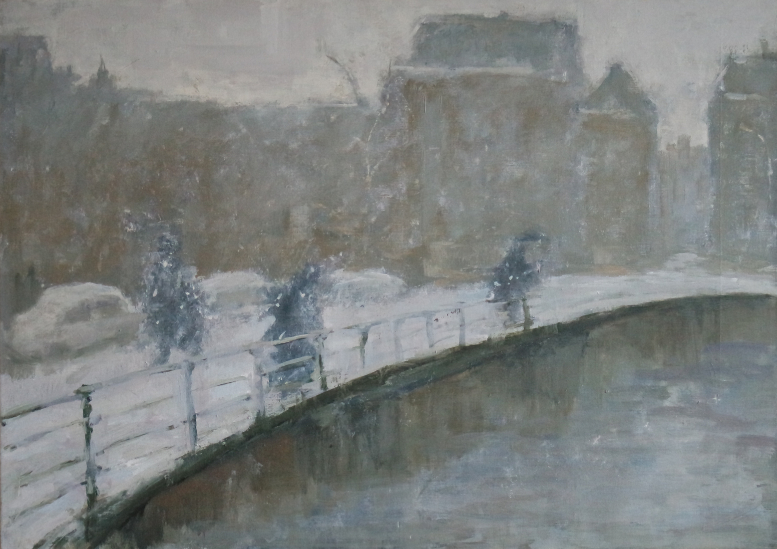 Dichte sneeuw, brug over de Amstel