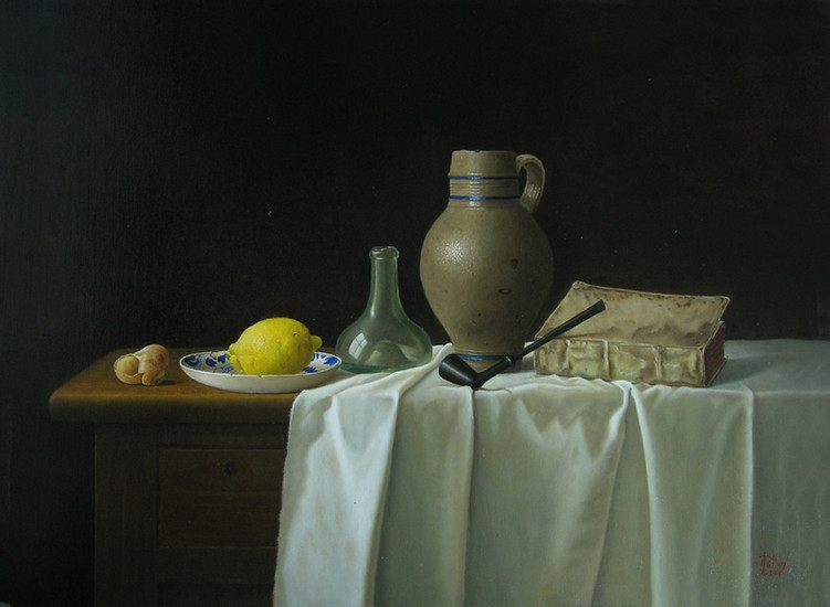 stilleven met stenen kan en citroen