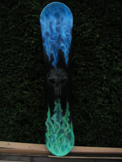 snowboard blue and green flames