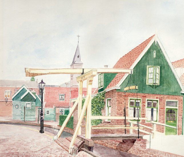 aquarel gele bruggetje te Volendam