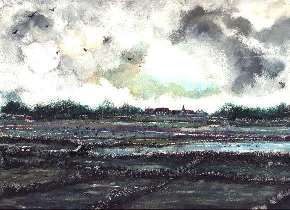 aquarel dorp polder zh