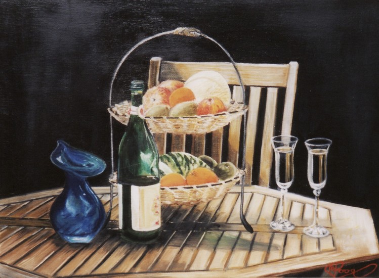 Stilleven met fruit en wijn