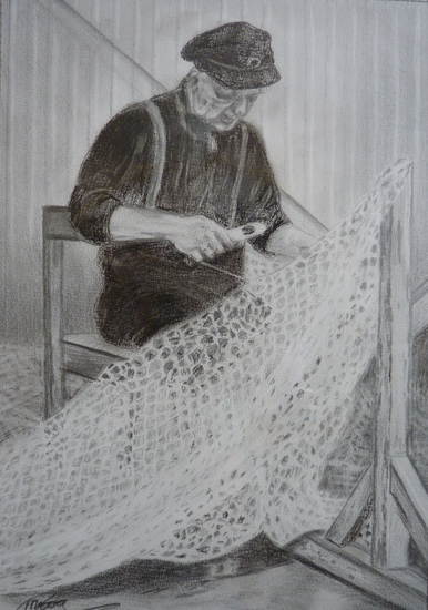 Oude visser aan het netten boeten