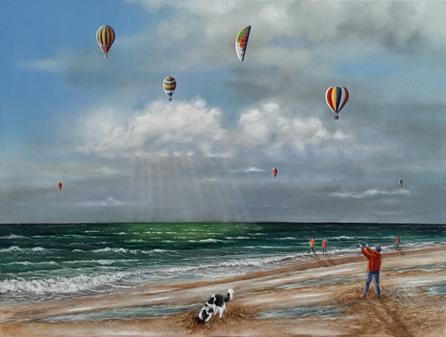 Strandgezicht met heteluchtballonnen