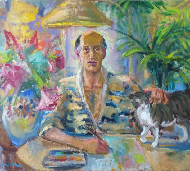 zelfportret met kat en amaryllis