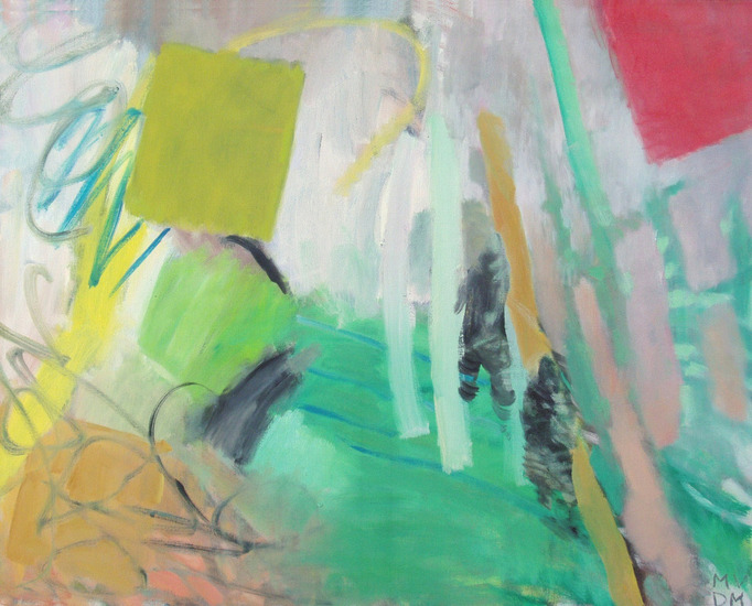 Marijke van der Meij - Bos als mythische ruimte met rood vierkant ( Olieverf op doek)