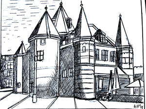 zwart wit tekeningen van Amsterdam Nieuwmarkt