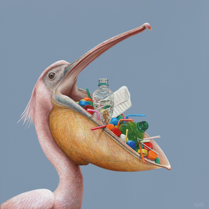 The artwork is balancing at the border between realism and fantasy. Detailed animal figures against one background colour.