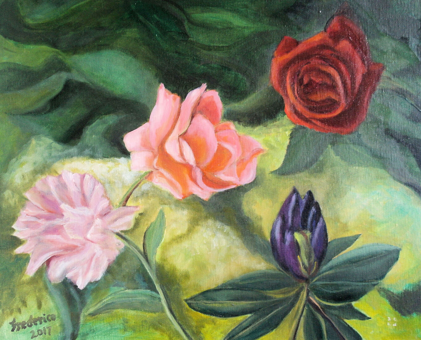 Symfonie van Bloemen – Drie Rozen en een Rododendron 
