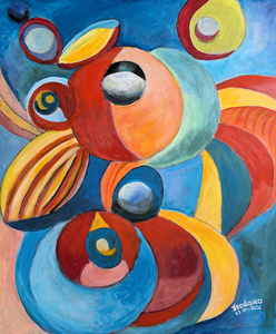 Dit semi-abstracte schilderij is een dynamische verkenning van vorm, met in elkaar grijpende en gelaagde cirkels in verschillende maten en kleuren. De compositie combineert zachte, vloeiende rondingen met scherpere randen, waardoor beweging en diepte ontstaat binnen de abstracte vormen. De overlappende cirkels roepen een gevoel van harmonie en onderlinge verbondenheid op en nodigen kijkers uit om hun eigen verbindingen te interpreteren en binnen het stuk te stromen. 