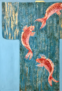 tweede serie schilderijen/collages met het thema Kimono op doek, paneel en papier