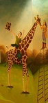 Muurschildering met als thema 'giraffen'.