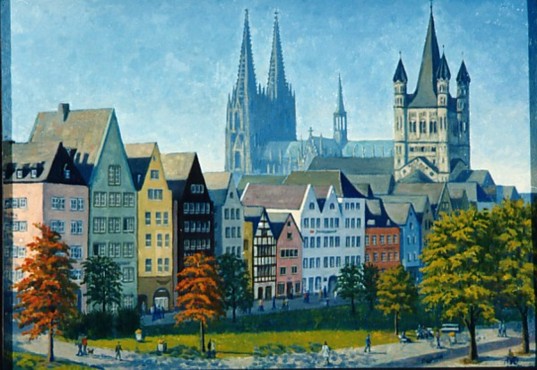 Zonnige huizen in Keulen.