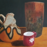 Stilleven met vaas, kan en rode mok