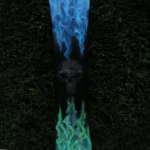 snowboard blue and green flames