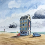 A blue 2CV outside a cinema with a poster showing a Tintin car crash.
