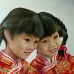 Japanse meisjes in rode kimono's.