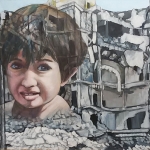 Gebombardeerde stad in Syrië met portret van kindje.