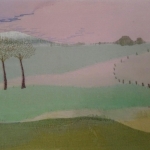  'Landschapje met rijtje bomen' Textielschilderij