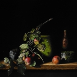 Stilleven met appels en groene kruik