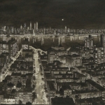 Hoboken, de Hudson en Manhattan bij Nacht