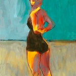 Modern schilderij van een vrouw in badpak, schilderij met rood en blauw
