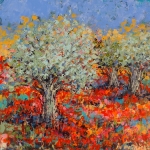 Olive trees in a field of poppies
