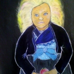 Blauw meisje met rode appel