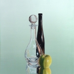 stilleven karaf,fles en appel.