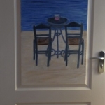 Deurschildering zeegezicht met grieks tafereel.