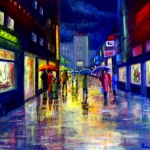 winkelstraat in de regen