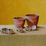 Kwarteleitjes met twee oude bloempotjes