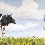 Vier koeien op een dijk