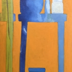 De blauwe tafel met witte pot.