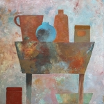 Tafel met blauw flesje.