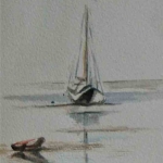 Zeilboot met klein bootje afgemeerd op het wad 