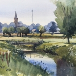 zicht op Nispen in aquarel