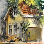 gele huisje in aquarel