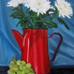 Red jug with chrysanthemums and grapes