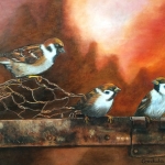 Sparrows on fence