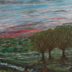 Drie bomen bij zonsondergang