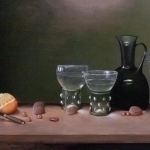 36 "Stilleven van antieke roemerglazen, sinaasappel, noten en wijnkan".