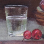 Stilleven met waterglas en kersen.