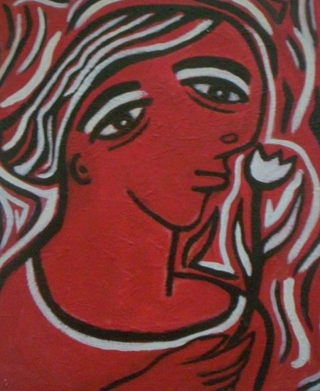 red woman with flower
