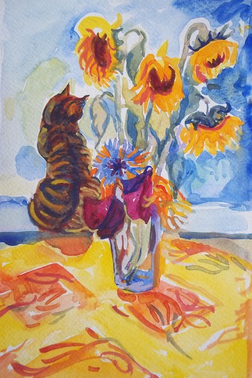 pussycat with summer flowers