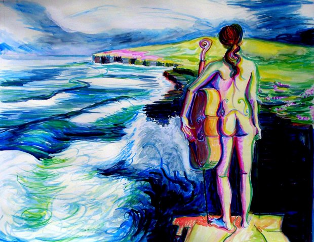 cellist looks towards Swannay Head