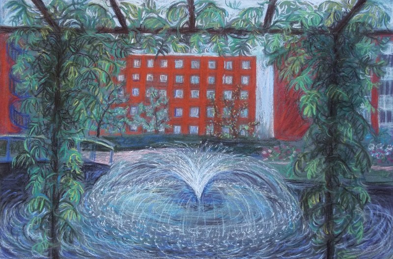 Viewing the fountain through the trellis