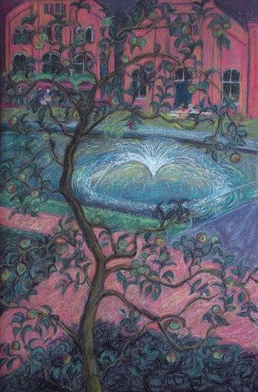 A view of the waterlily canal through the apple tree