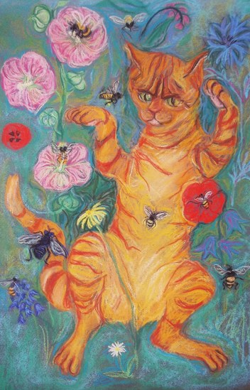 all sorts of bees which the cat wants to catch