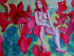 Some of the models in the paintings are first drawn in pencil and later painted in acrylic paint or watercolour in other surroundings with animals or flowers. Others are painted directly from life in acrylic paint.